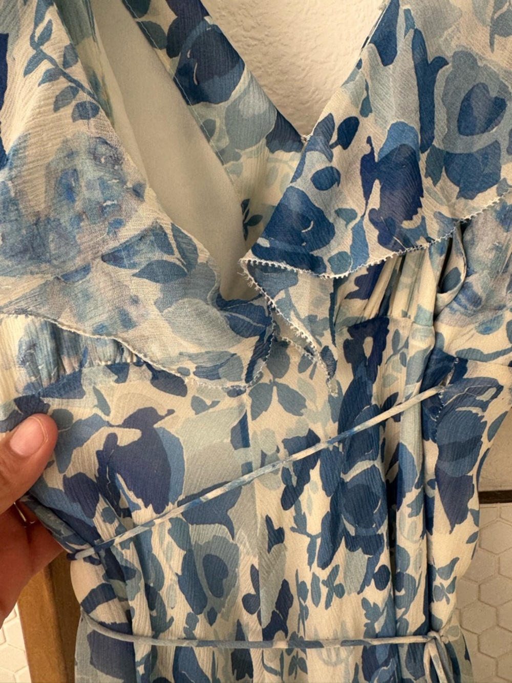 Polo by Ralph Lauren Blue & White Floral V-Neck Maxi Dress- silk - Picture 12 of 13
